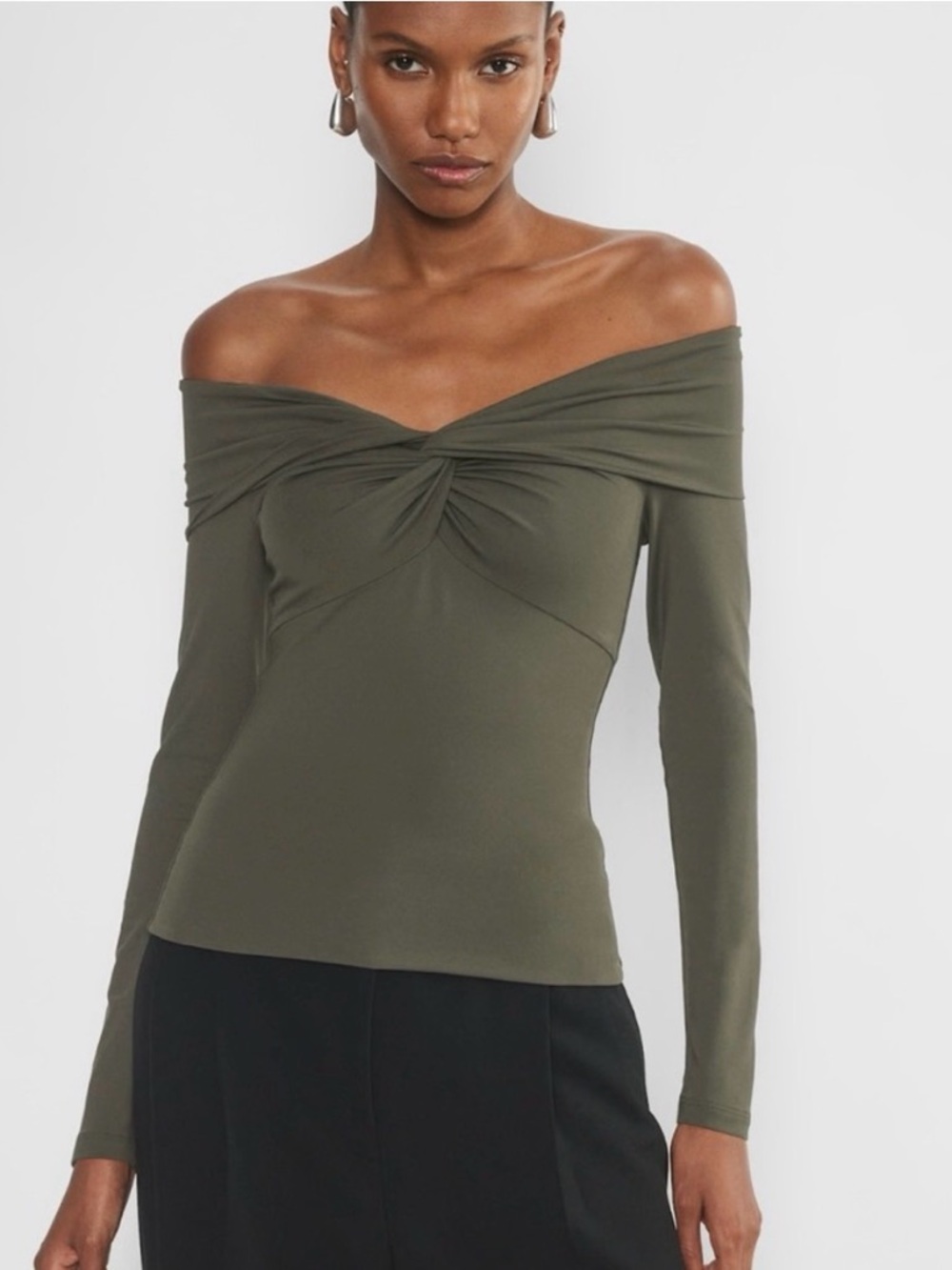 Aritzia Contour Twist Off-Shoulder Long Sleeve Top XXS Olive Green
